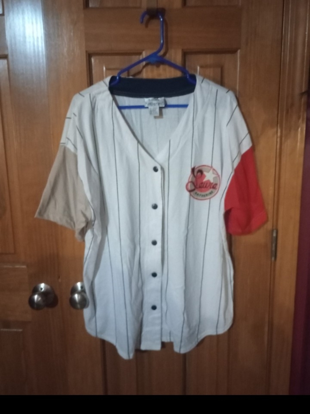 Pinstripe Baseball-Style Jersey Shirt - Beige, Red, Tan